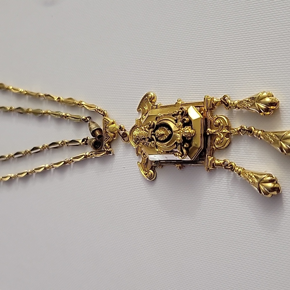 Goldtone Greek Etruscan Revival Locket Necklace 24" Long EVC